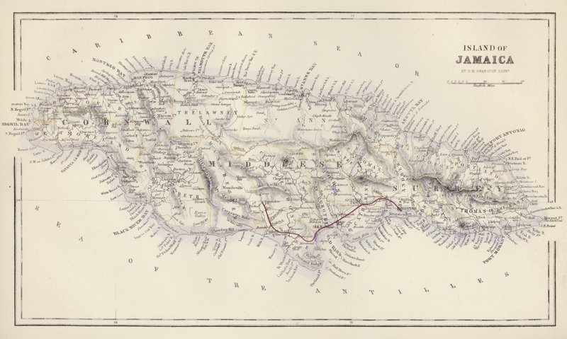 Mapa: Isla de Jamaica, por G H Swanston, Edimburgo (litografía en color) de English School