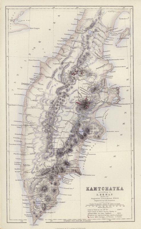Mapa: Kamtchatka, según A Erman, dibujado por Augustus Petermann (litografía en color) de English School