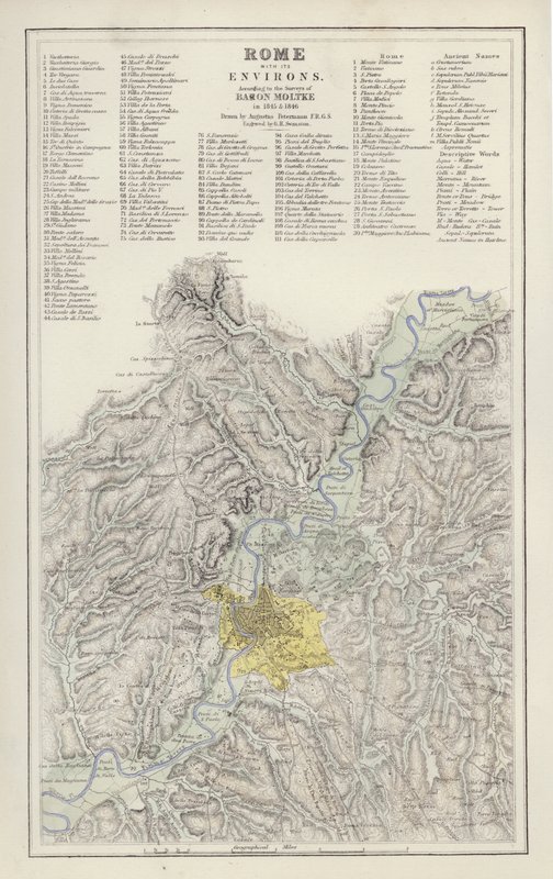 Mapa: Roma, con sus alrededores, según el levantamiento de Baron Moltke, en 1845 y 1846, dibujado por Augustus Petermann de English School