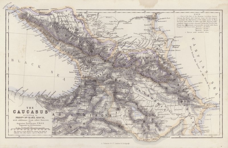 Mapa: El Cáucaso, según el profesor doctor Karl Koch, con adiciones de otras fuentes, por Augustus Petermann (litografía en color). de English School