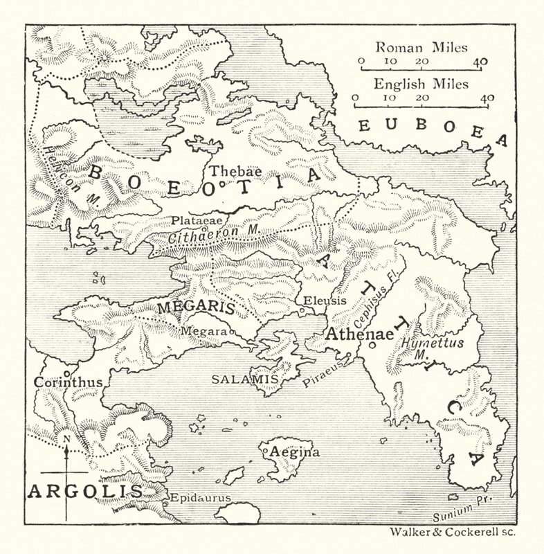 Mapa que incluye el Ática, con Salamina y Egina, Beocia, Megaris y parte de Corintia y Argólida (litografía) de English School