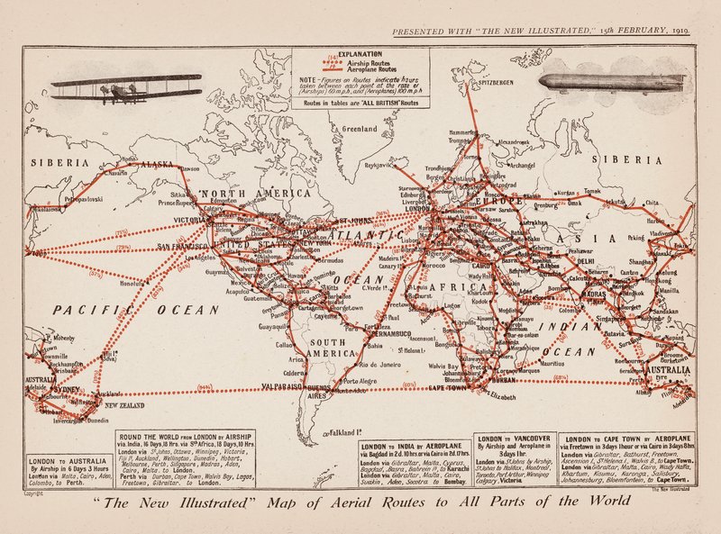 Mapa de rutas aéreas a todas las partes del mundo (litografía en color) de English School