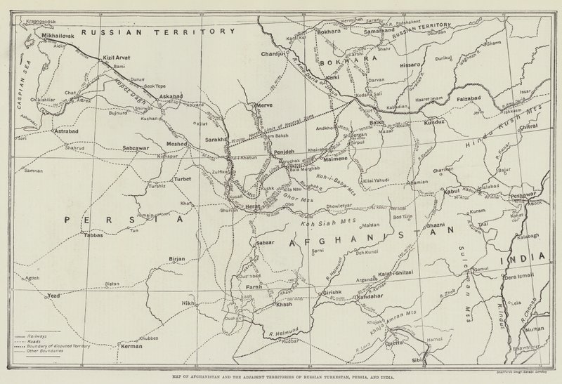 Mapa de Afganistán y los Territorios Adyacentes de Turkestán Ruso, Persia e India de English School