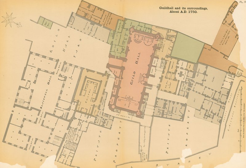 Mapa del Guildhall, Londres, y área circundante alrededor de 1750 de English School