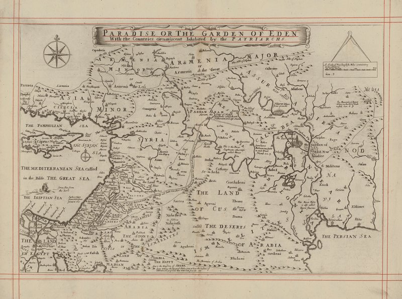 Mapa del Paraíso o Jardín del Edén y de los países habitados por los Patriarcas (grabado) de English School
