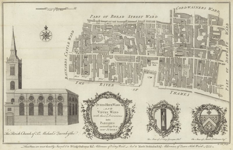 Mapa de los distritos de Queenhithe y Vintry, Londres de English School