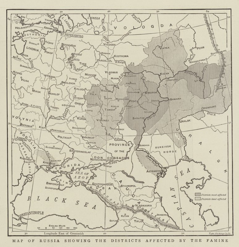 Mapa de Rusia mostrando los distritos afectados por la hambruna de English School