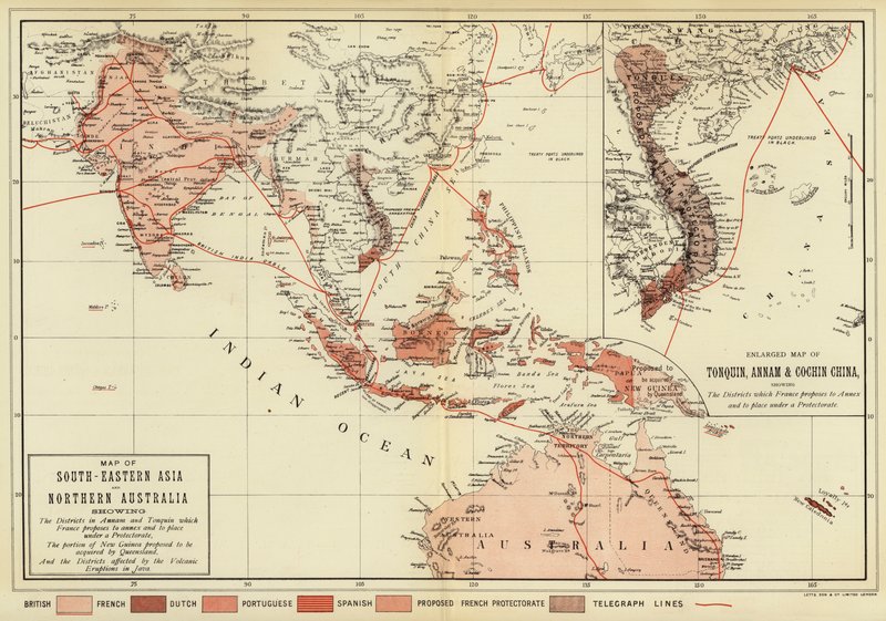 Mapa del sudeste de Asia y el norte de Australia; Mapa ampliado de Tonquín, Annam y Cochinchina (litografía a color) de English School