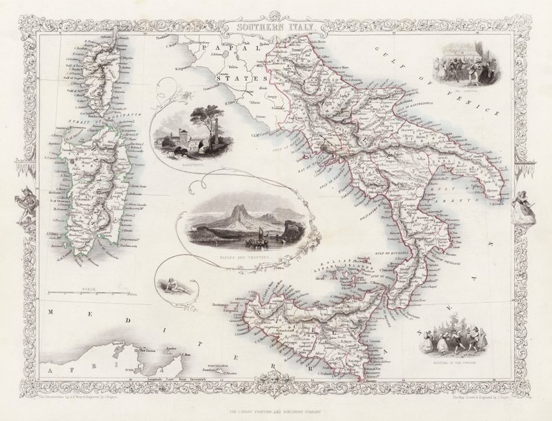 Mapa del sur de Italia (grabado) de English School