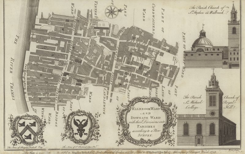 Mapa de los distritos de Walbrook y Dowgate, Londres de English School