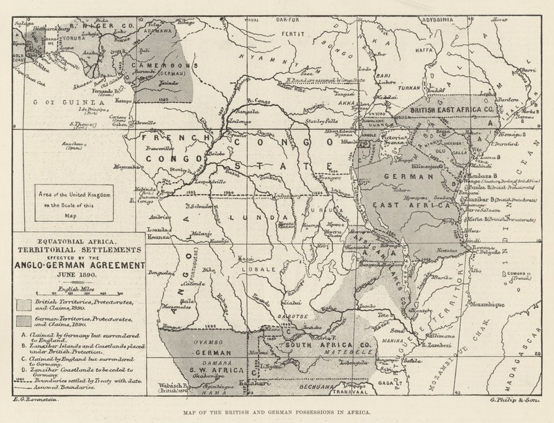 Mapa de las posesiones británicas y alemanas en África (grabado) de English School
