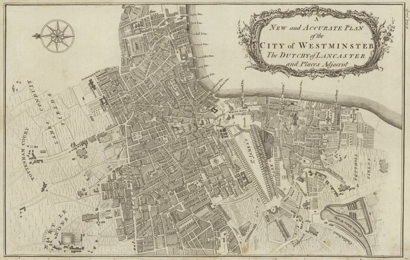 Mapa de la ciudad de Westminster y el ducado de Lancaster, Londres de English School