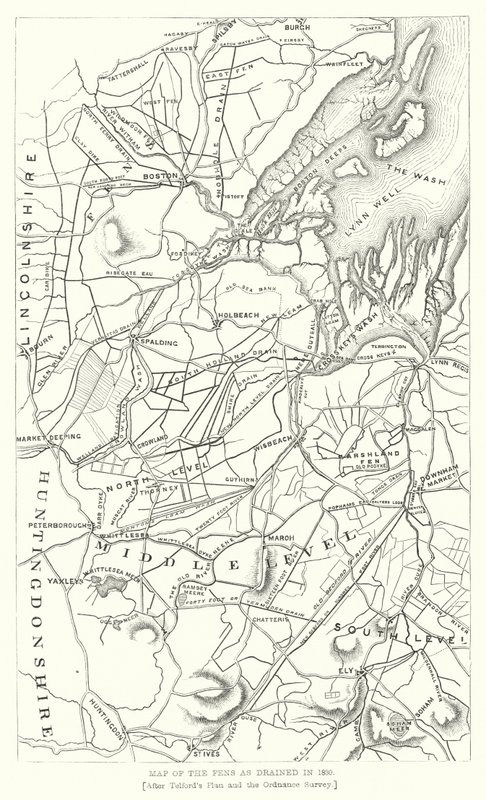 Mapa de los Fens drenados en 1830 (grabado) de English School