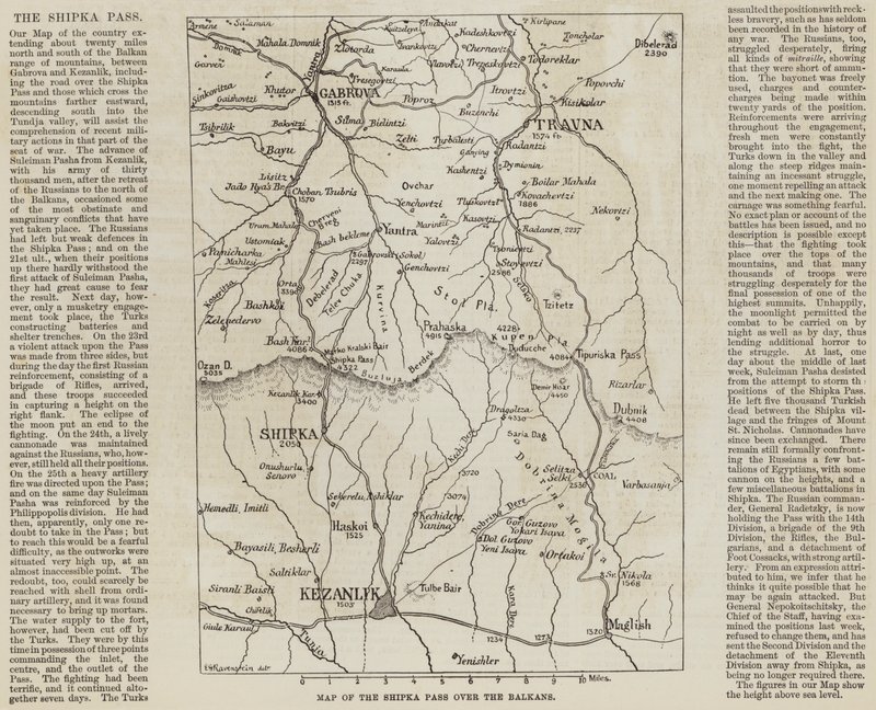Mapa del Paso de Shipka sobre los Balcanes (grabado) de English School