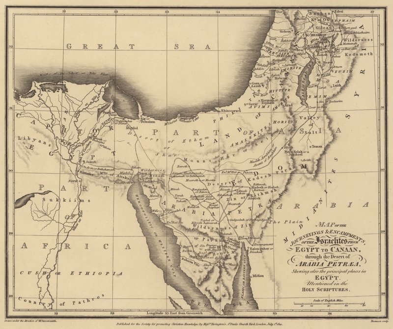 Mapa de los viajes y campamentos de los israelitas desde Egipto hasta Canaán, a través del desierto (grabado) de English School