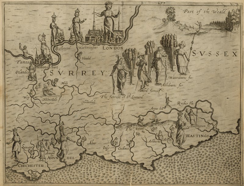 Mapa del sur de Inglaterra, incluyendo Londres, Surrey y Sussex de English School
