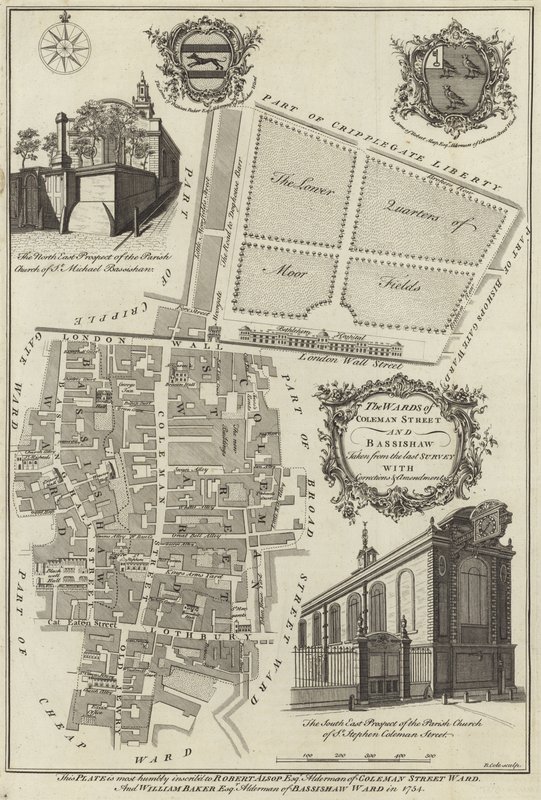 Mapa de los distritos de Coleman Street y Bassishaw, Londres de English School
