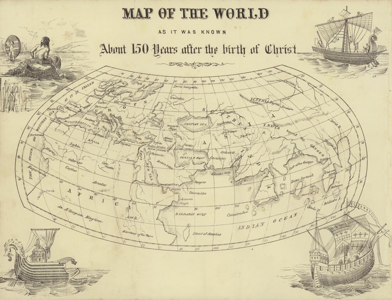 Mapa del mundo tal y como se conocía unos 150 años después del nacimiento de Cristo (grabado) de English School