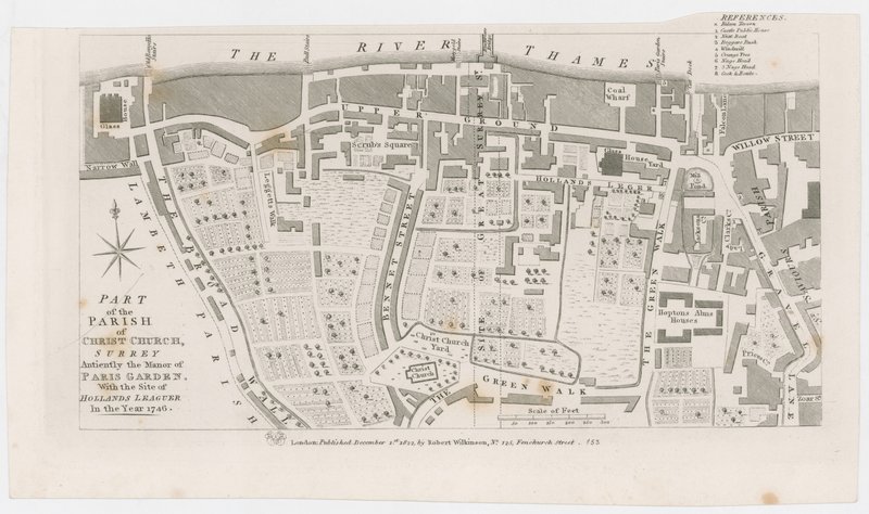 Mapa que muestra la mansión de Paris Garden por R Wilkinson, 1822 de English School