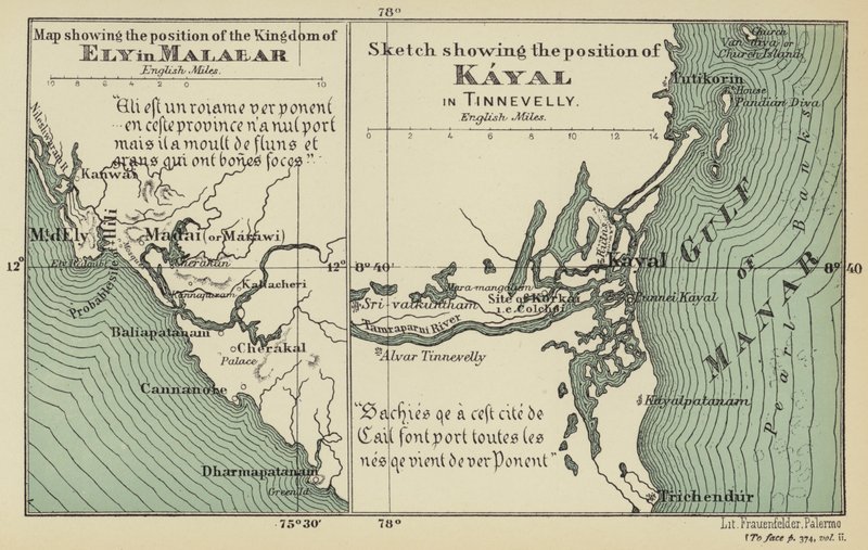 Mapa que muestra la posición del Reino de Ely en Malabar, Croquis que muestra la posición de Kayal en Tinnevelly (litografía en color). de English School