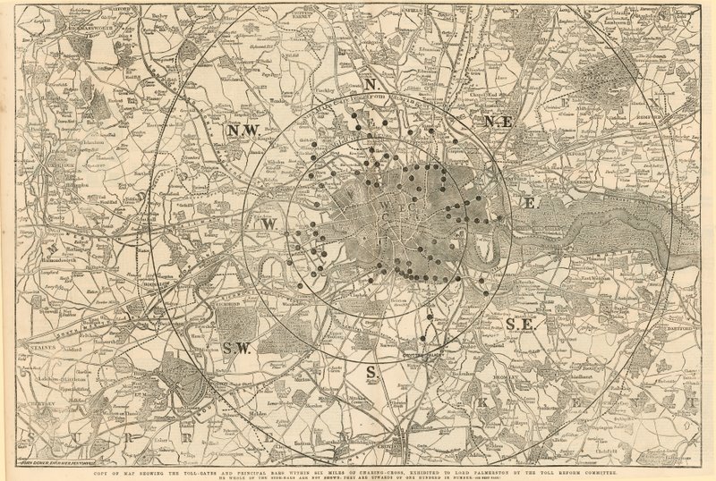 Mapa que muestra las puertas de peaje y las principales barreras dentro de 6 millas de Charing Cross, exhibido a Lord Palmerston por el Comité de Reforma de Peajes de English School