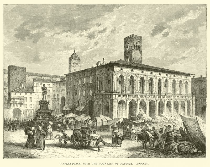 Plaza del Mercado, con la Fuente de Neptuno, Bolonia de English School