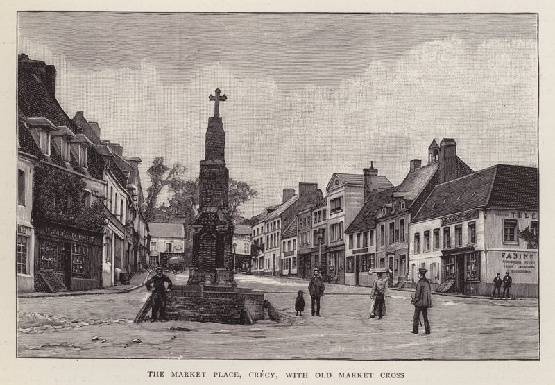 Plaza del mercado, Crecy, Francia, con la antigua cruz del mercado de English School
