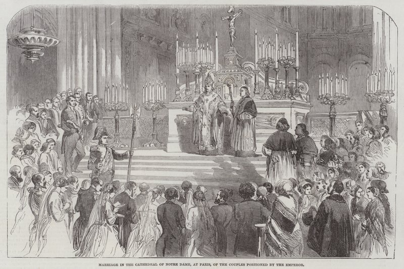 Matrimonio en la Catedral de Notre Dame, en París, de las Parejas dotadas por el Emperador (grabado) de English School
