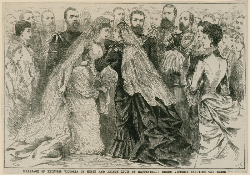 Matrimonio de la Princesa Victoria de Hesse y el Príncipe Luis de Battenberg, la Reina Victoria saludando a la novia, 16 de mayo de 1884 de English School