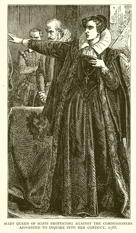 María, Reina de Escocia, protestando contra los comisionados designados para investigar su conducta, 1568 de English School