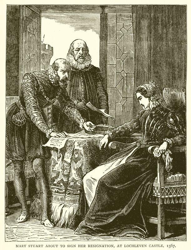 María Estuardo a punto de firmar su renuncia, en el castillo de Lochleven, 1567 de English School