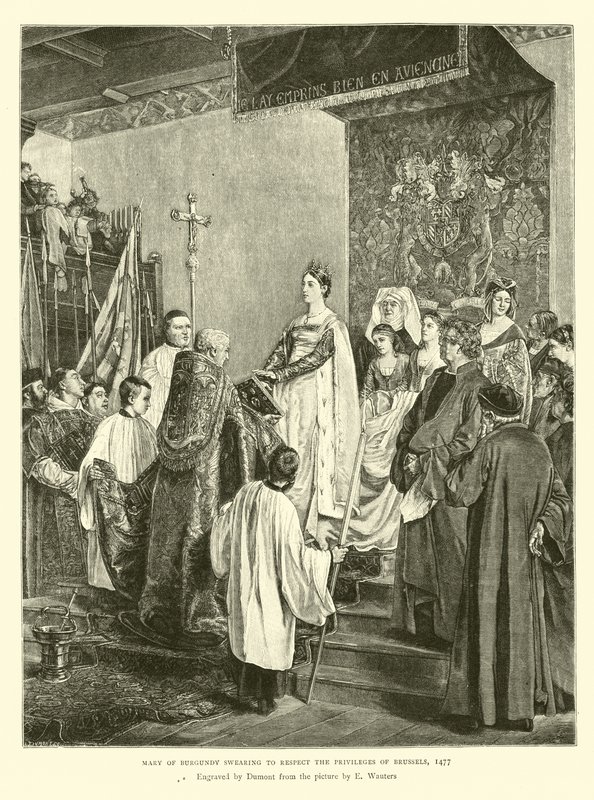 María de Borgoña jurando respetar los privilegios de Bruselas, 1477 de English School