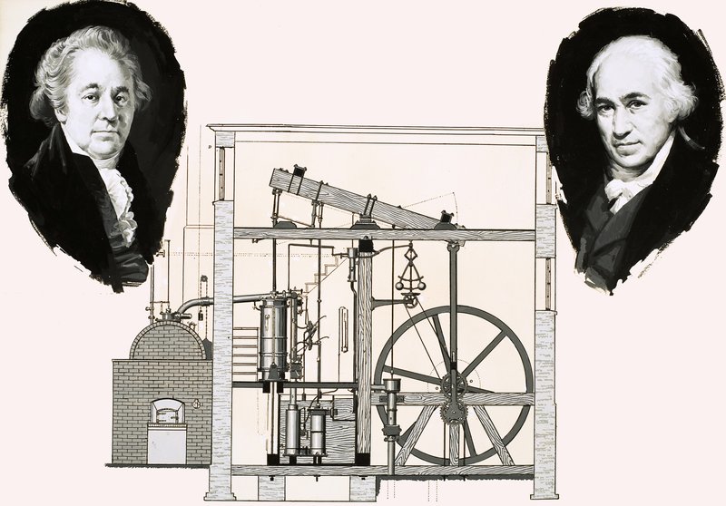 Matthew Boulton y James Watt con una de las máquinas de vapor patentadas de English School