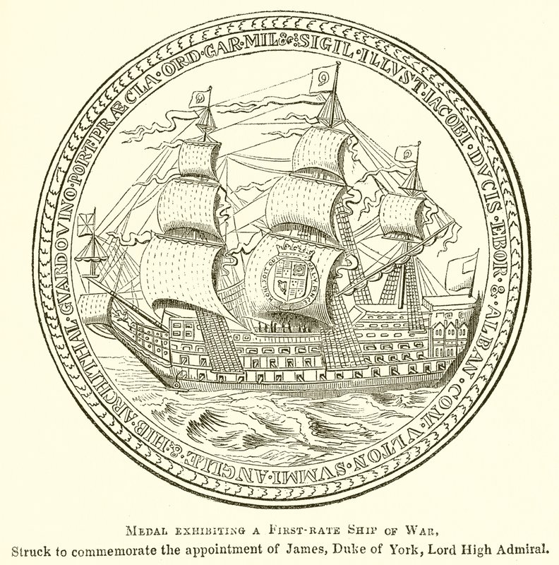 Medalla que exhibe un barco de guerra de primera clase de English School