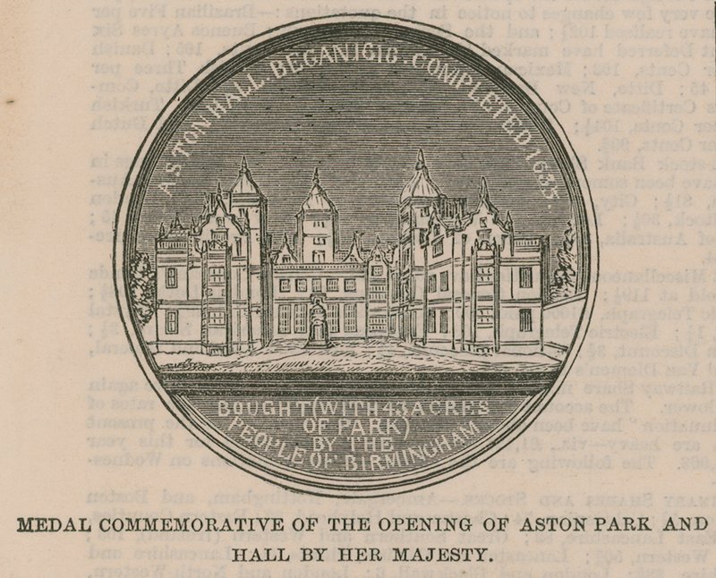 Medalla conmemorativa de la apertura de Aston Park y Hall por Su Majestad de English School