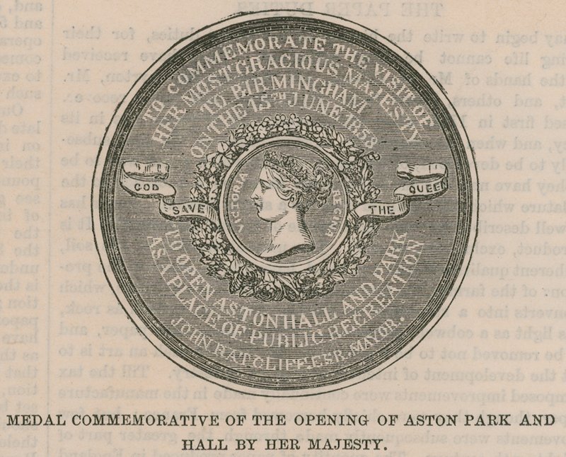 Medalla conmemorativa de la apertura de Aston Park y Hall por Su Majestad de English School