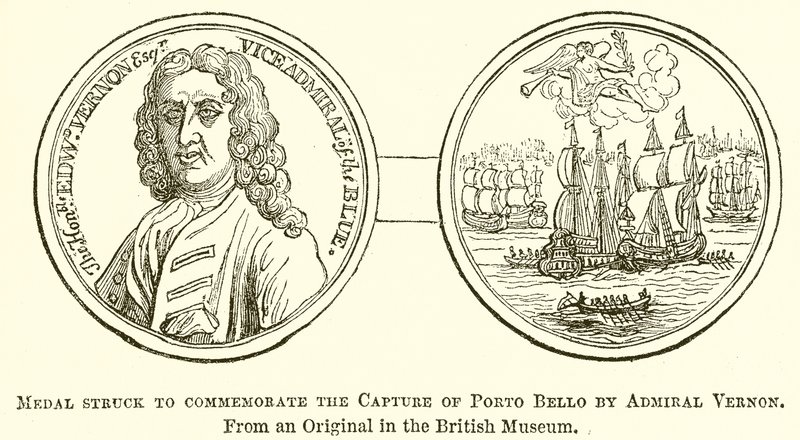 Medalla acuñada para conmemorar la captura de Porto Bello por el almirante Vernon de English School