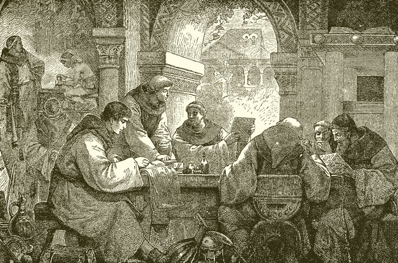 Cultura medieval - Monjes en un convento iluminando y transcribiendo libros de English School