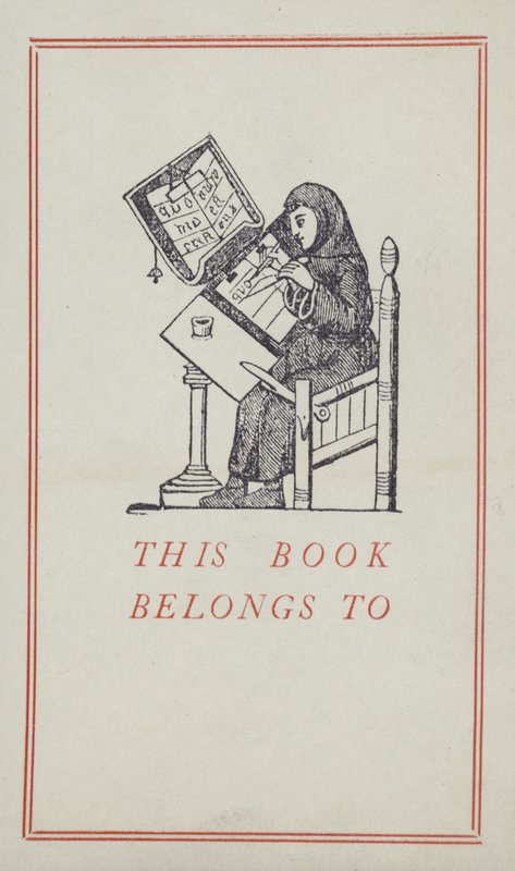 Escriba medieval trabajando en un manuscrito, etiqueta de propiedad de libro de English School