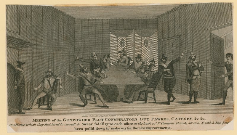 Reunión de los conspiradores de la Conspiración de la Pólvora, Guy Fawkes, Catesby, etc. de English School
