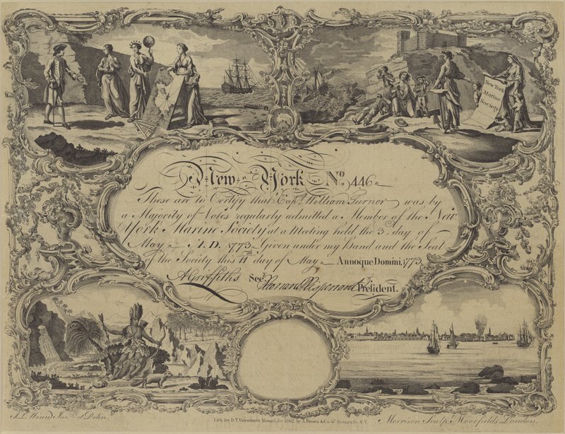 Certificado de membresía de la Sociedad Marina de Nueva York, 1773 de English School