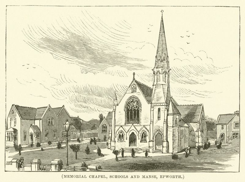 Memorial Chapel, Schools and Manse, Epworth (grabado) de English School