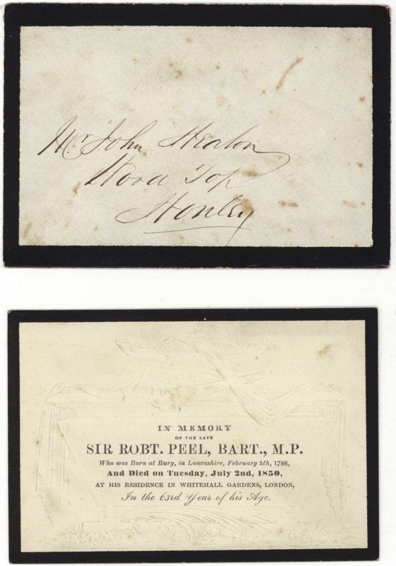 Tarjeta conmemorativa en memoria del difunto Sir Robert Peel de English School