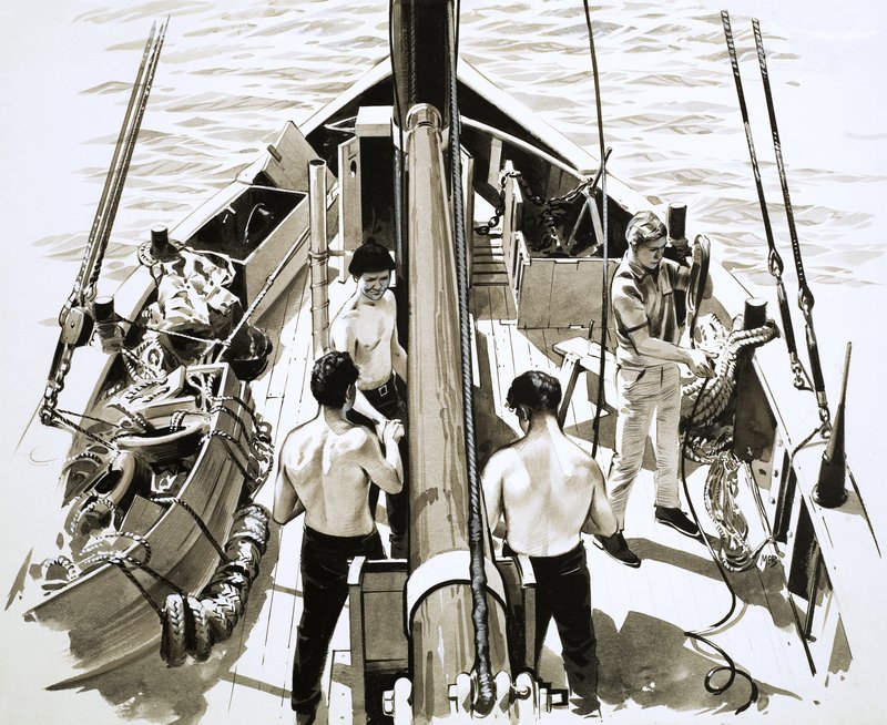 Hombres a bordo de un barco de vela de English School