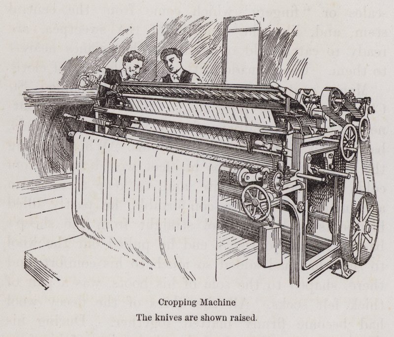 Hombres trabajando en una máquina de recorte de textiles (litografía) de English School
