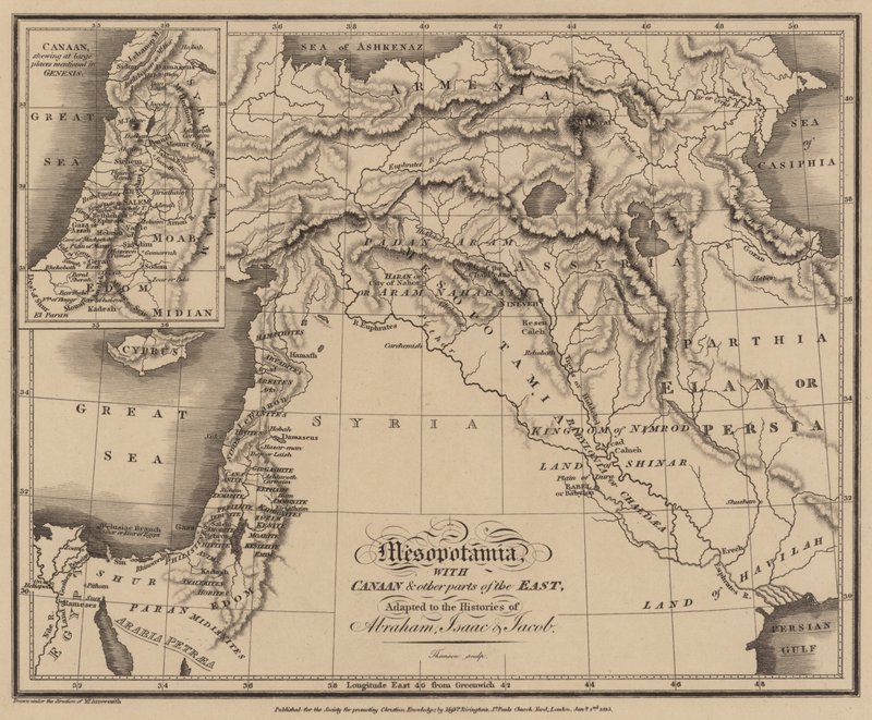 Mesopotamia con Canaán y otras partes del Este, adaptado a las historias de Abraham, Isaac y Jacob (grabado) de English School