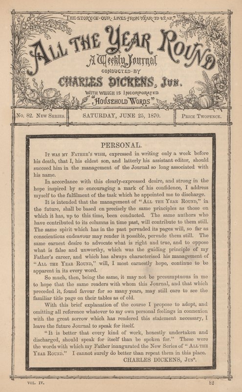 Mensaje de Charles Dickens Junior en el semanario All The Year Round, tras la muerte de su padre de English School