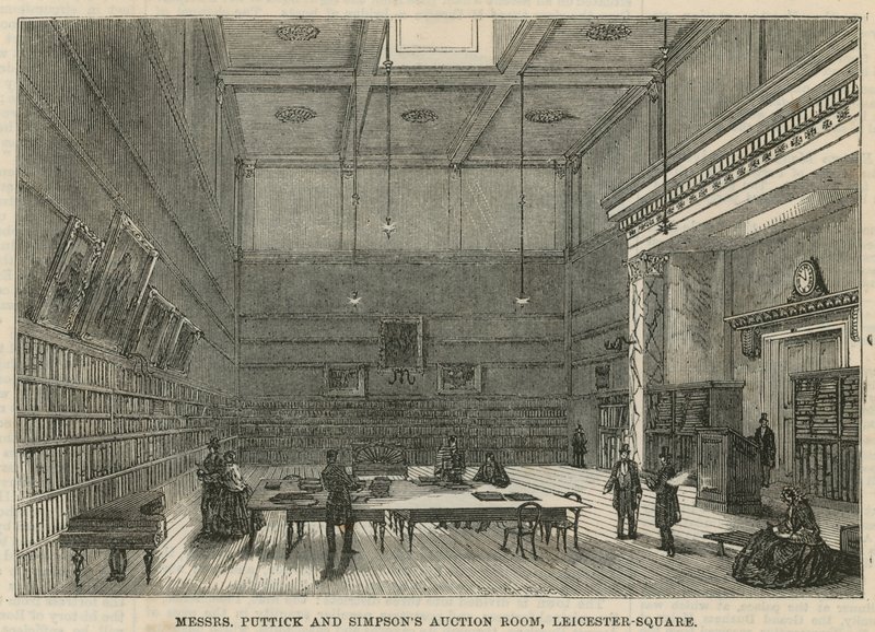 Sala de subastas de Messrs Puttick y Simpson, Leicester Square, Londres de English School