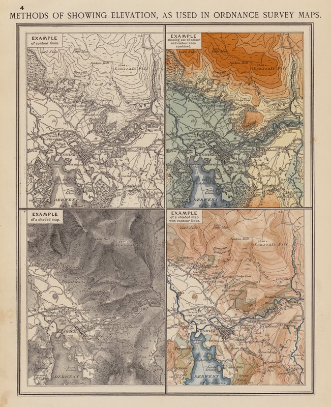 Métodos de representación de las elevaciones en los mapas de Ordnance Survey (litografía en color) de English School
