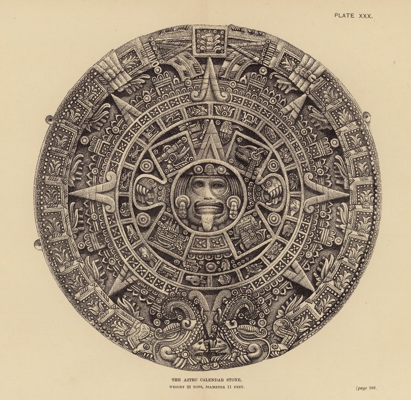 México: La piedra del calendario azteca (grabado) de English School